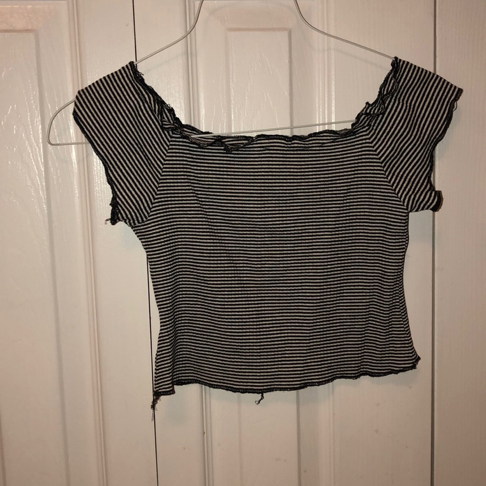 black and white stripped off the shoulder crop top